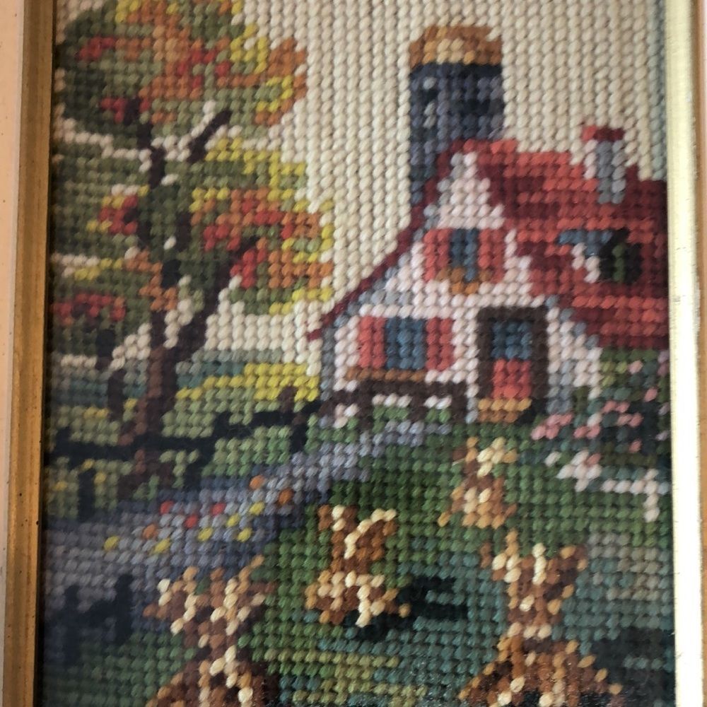 needlepoint of haystacks, farmhouse, autumn tree, silo/framed 10 1/2 x 8 1/2 - Picture 2 of 12